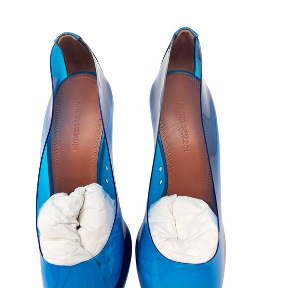 NEW Amina Muaddi Ane Pointed Toe PVC Glass Patent Wedges Heels Blue US 7.5 - Picture 12 of 13